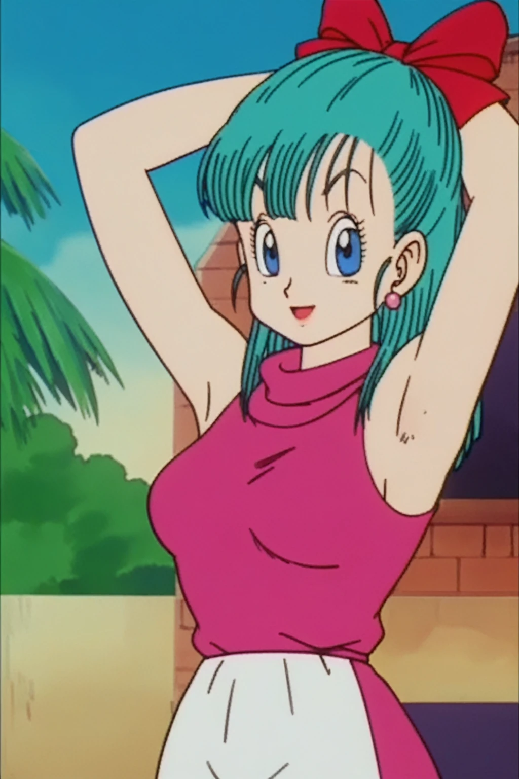 source_anime, score_9, score_8_up, score_7_up, anime screencap,
bulma \(dragonball\), aged_up, brick wall, blue skies, 1girl, solo, medium hair, blue eyes, jewelry, earrings, outdoors, sleeveless, tree, aqua hair, retro artstyle, 1990s \(style\),naked(((hands above showing armpits)))), right arm down, looking at the viewer, medium breasts, upper body, smile, standing, bib , perfect shape body