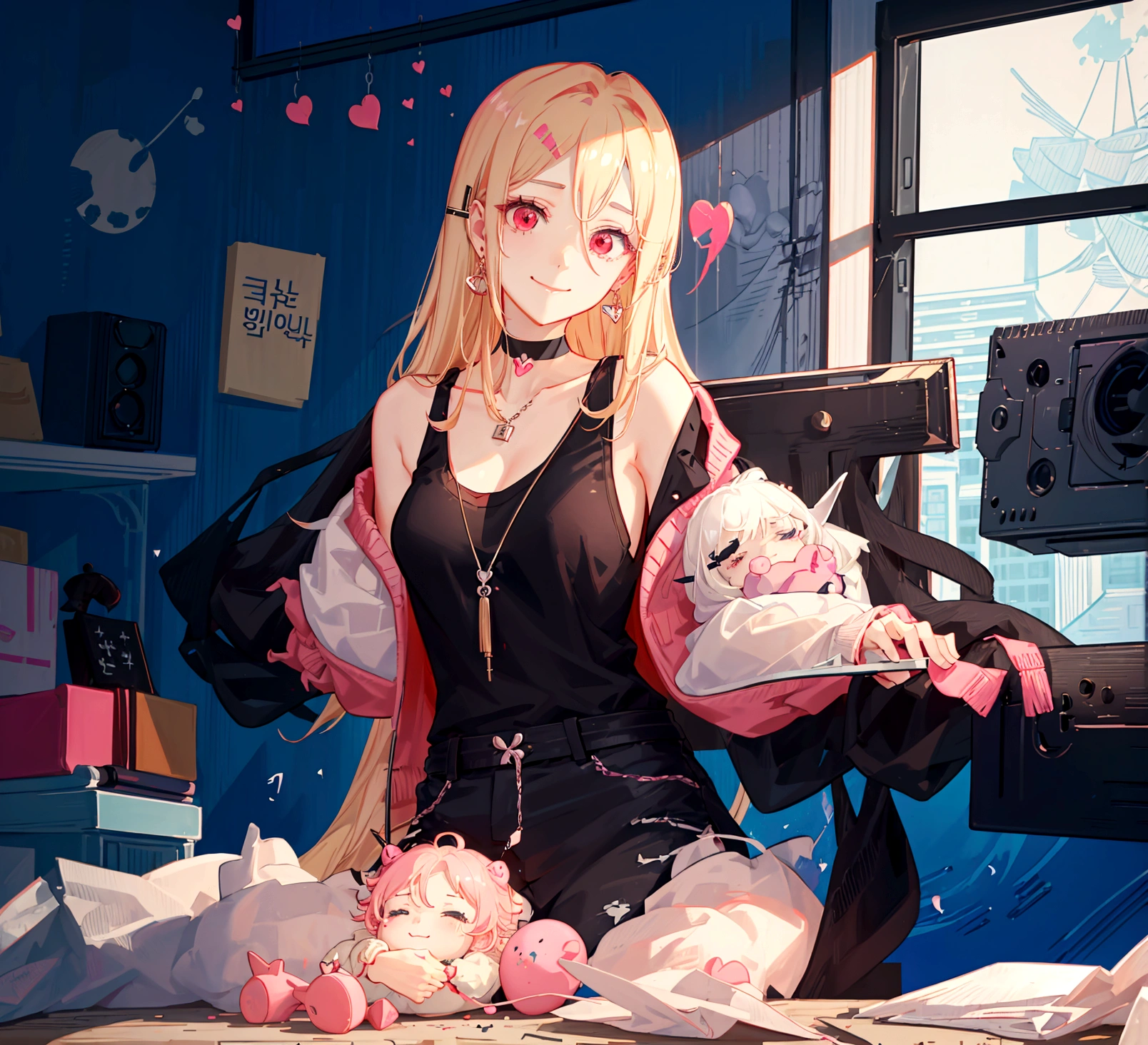 ((최고의 품?)), ((걸작)), (상세한), 여자 1명, Create an anime-style digital artwork of a character with long, straight, sleek blonde hair and bright red eyes. The character is wearing a white cardigan over a black tank top and dolphin shorts. She is accessorized with a pink heart pendant choker and long, decorative earrings. Her hair features a red heart hairpin on the side. The character is sitting in her room in front of a desktop computer, smiling warmly. The background should show a cozy room with soft lighting, with elements like a computer desk, monitor, and some personal items scattered around. The overall mood should be relaxed and inviting, capturing the essence of a casual day indoors.shiny forehead,slicked-back hair, forehead