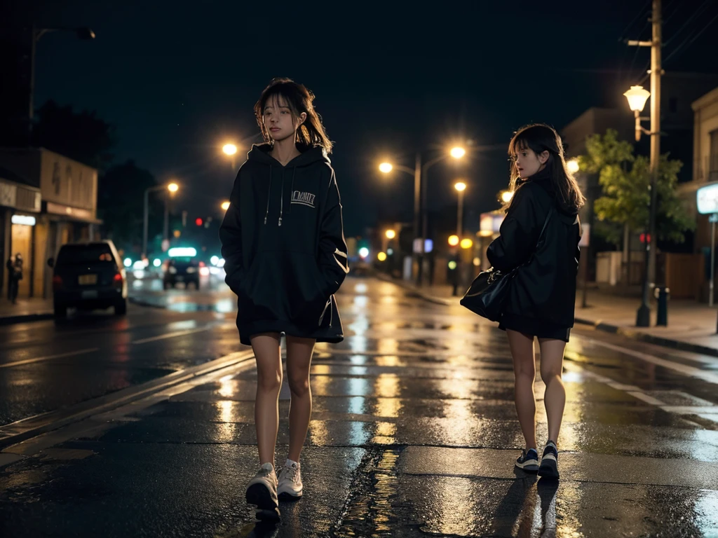 A girl，night，Put on your headphones，Walk down the street alone，Street Lights，light rain