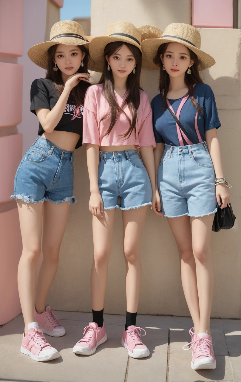  thin brunette in a blue checkered dress with a tiara on her head and straight hair, together with her curly-haired blonde friend , a little overweight, in denim shorts and white crop tops and tattoos on her arm and leg, the two girls are happy and at a kpop idol show at night 