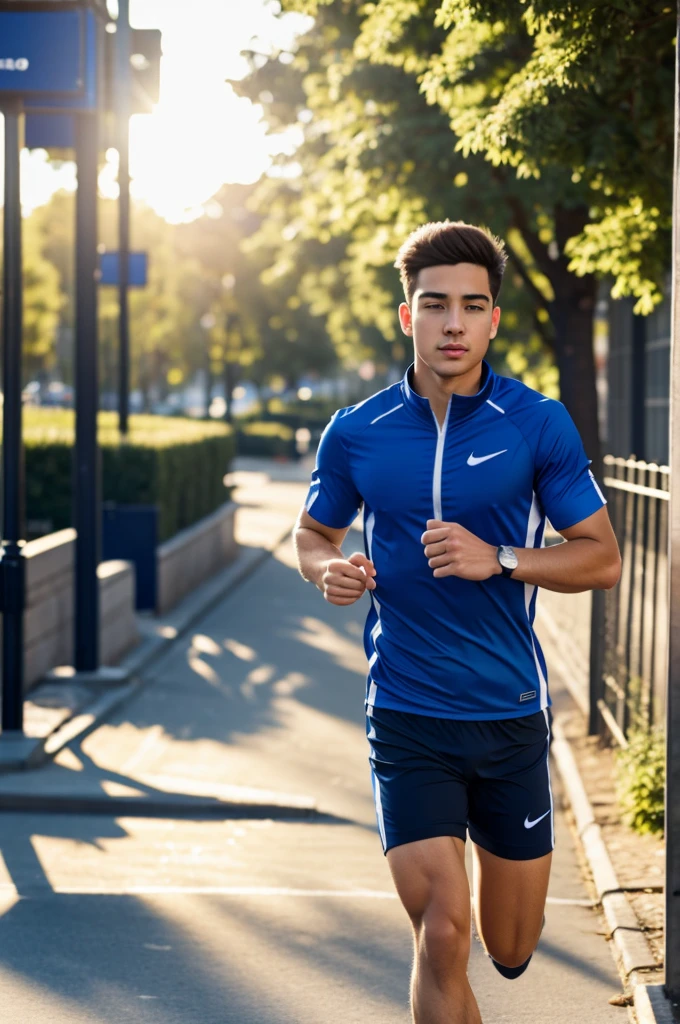 A young man with a blurred face, wearing athletic clothing, running on a sunny sidewalk. 8k