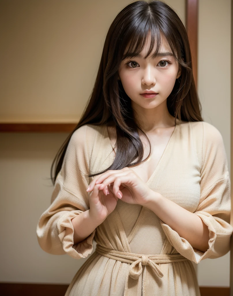 Highest quality, Face Focus, Soft Light, Ultra-high resolution, (Realistic:1.4), RAW Photos,
1 Japanese girl, alone, cute, (pupil, Light in your eyes),  Beautiful face in every detail, (Small box),(High resolution detail of human skin texture),
(Long Hair),
indoor,
Damask Shirt Dress,
(Portraiture)