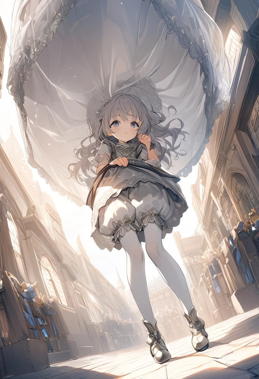 (Highly detailed CG Octane render 8k wallpaper), The most beautiful works of art in the world, Full body shot from below, Complex, High detail, ８Year old girl, Gold and silver embroidery, Grey Pearl Medieval Mini Dress（With panniers）, Translucent fabric, Please lift your skirt, Strong winds, Translucent slip, Grey translucent tights, Peeking from below, Highest quality, Disorder of clothing, Lying down, underwear, Show off your thighs, night、Wear bloomers