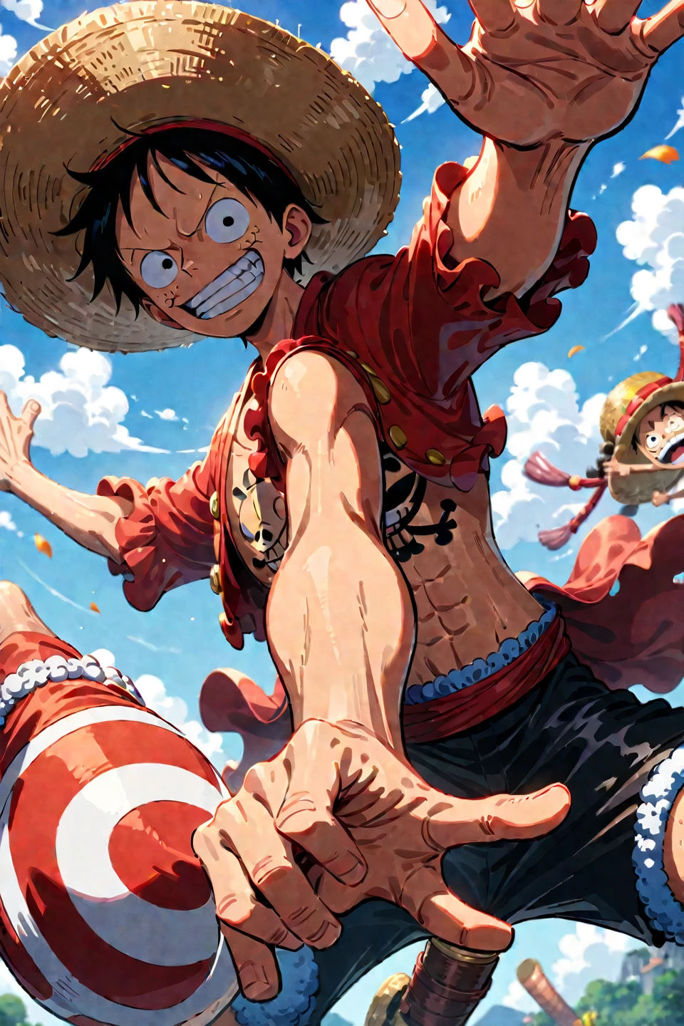 luffy, one piece, anime, pirate, straw hat, adventure, dynamic pose, detailed shading, vibrant colors, masterpiece, 4k resolution, by eiichiro oda, ((medium quality)), ((medium quality))