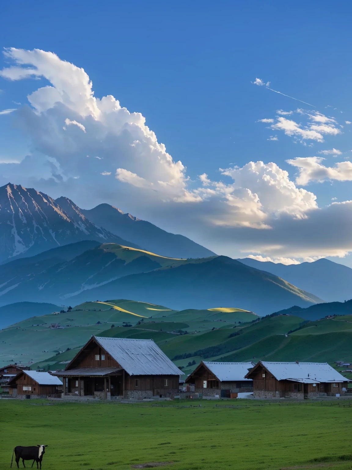 with mountains in the distance，In the foreground are several houses and a cow, villages at background, village, Mountains in the background, 8K)), very scenery is beautiful, scenery is beautiful, In the valley, Alexander Runciman, Mountains in the background, Mountains in the background, 背景中的village庄, very very scenery is beautiful, Valle encantador
