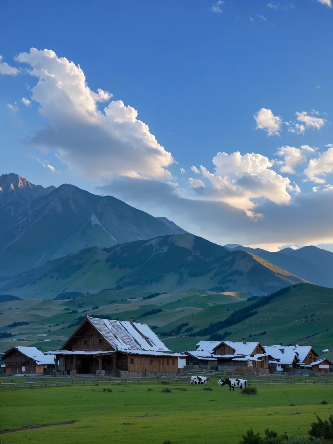 with mountains in the distance,In the foreground are several houses and a cow, villages at background, village, Mountains in the background, 8K)), very scenery is beautiful, scenery is beautiful, In the valley, Alexander Runciman, Mountains in the background, Mountains in the background, 背景中的village庄, very very scenery is beautiful, Valle encantador