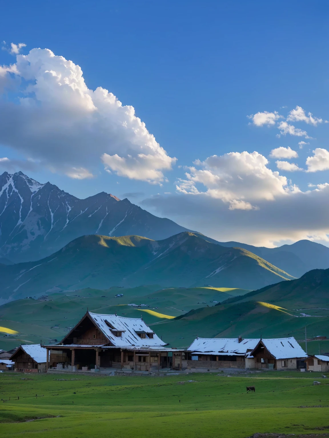 with mountains in the distance,In the foreground are several houses and a cow, villages at background, village, Mountains in the background, 8K)), very scenery is beautiful, scenery is beautiful, In the valley, Alexander Runciman, Mountains in the background, Mountains in the background, 背景中的village庄, very very scenery is beautiful, Valle encantador