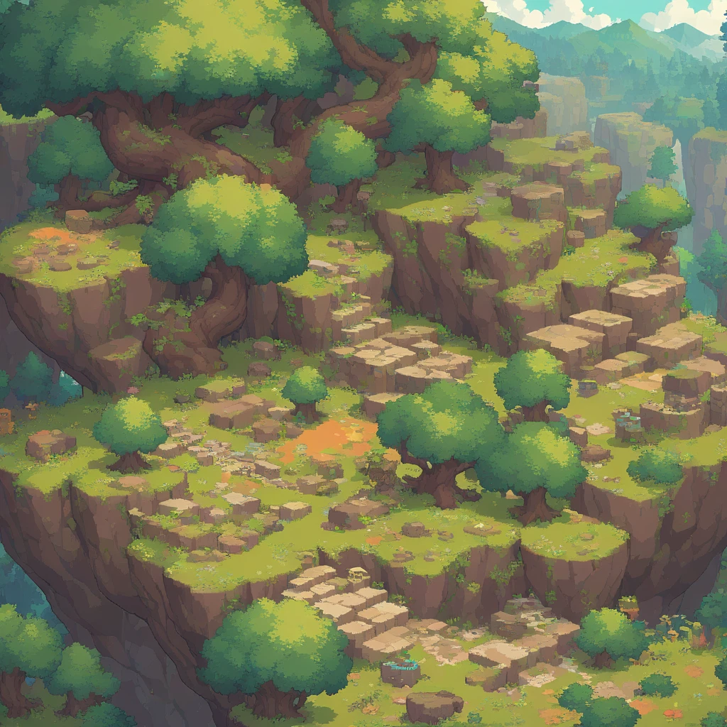 retro video game style,pixelated, vibrant pastel colors,8-bit characters,blocky shapes,sharp lines,detailed shading,classic gaming vibe,nostalgic atmosphere,classic arcade games,masterpiece:1.2,ultra-detailed,illustration style, 2d texture, stone texture, 4 k seamless mud texture, video game texture, dirt texture, tileset, game tiles, grass, 3/4th perspective trees, 3/4th perspective tileable rock texture, 3/4th perspective tileable cliff formations, tileable trees, topdown view, game texture, game art, tileable texture, very detailed cliff texture, intricate stones, top down view, 3/4th perspective
