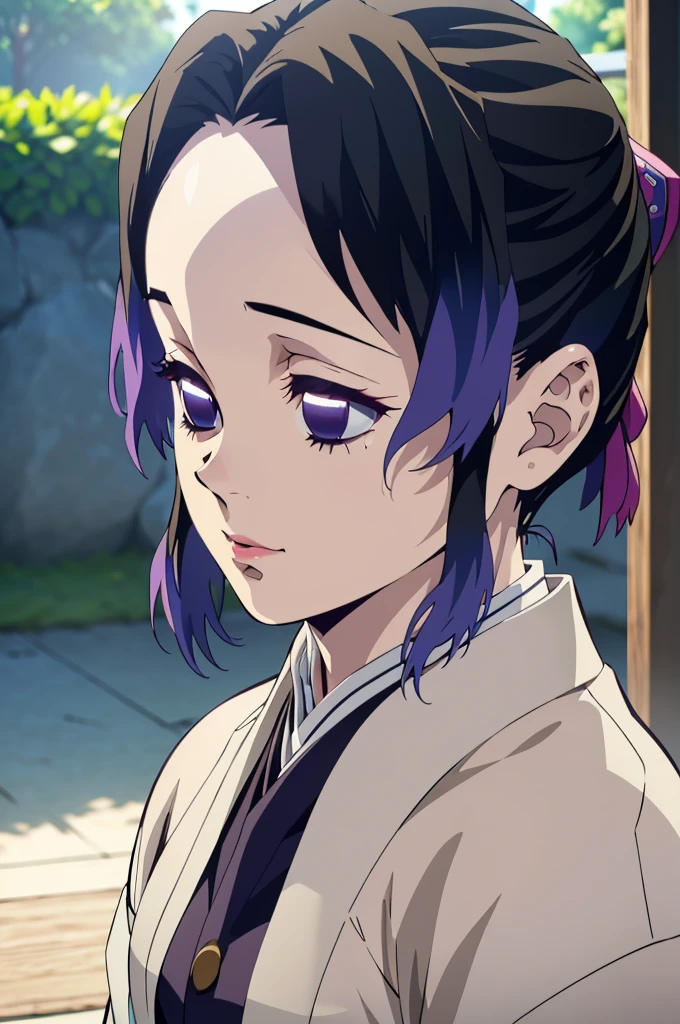1girl, anime style, shinobu kocho, ripped kimono, beautiful detailed eyes, beautiful detailed lips, extremely detailed face, long eyelashes, pastel colors, (best quality,4k,8k,highres,masterpiece:1.2),ultra-detailed,(realistic,photorealistic,photo-realistic:1.37),vibrant colors,soft lighting,intricate details,elegant,graceful