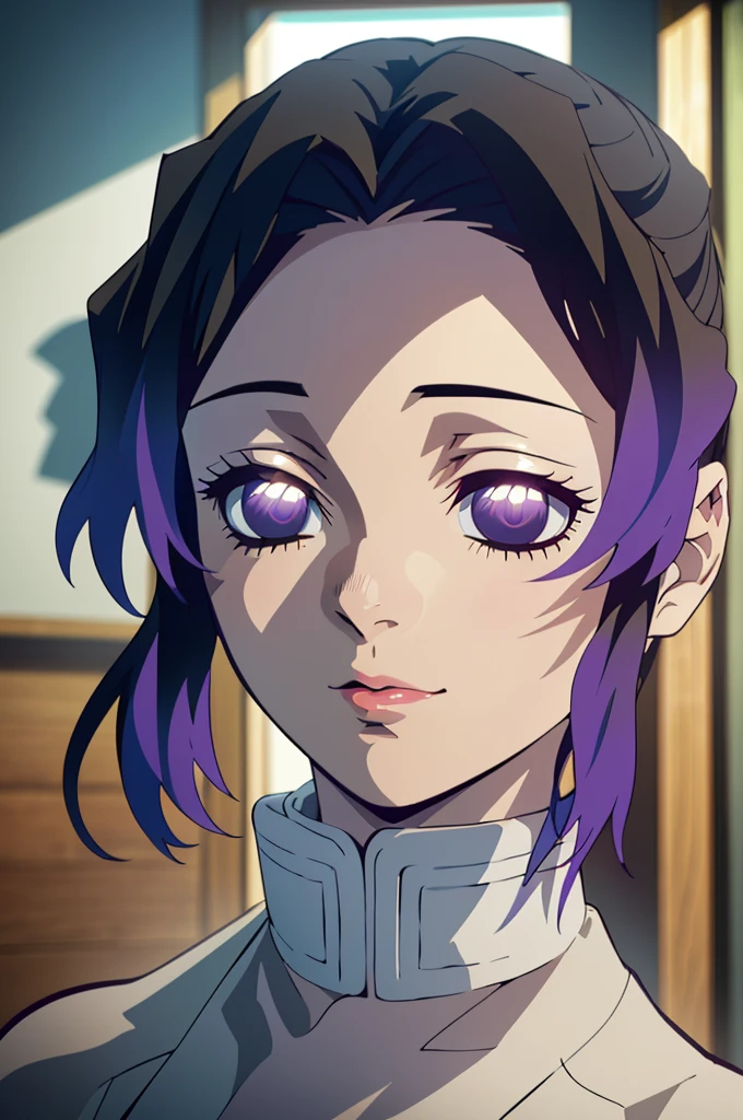 1girl, anime style, shinobu kocho, ripped kimono, beautiful detailed eyes, beautiful detailed lips, extremely detailed face, long eyelashes, pastel colors, (best quality,4k,8k,highres,masterpiece:1.2),ultra-detailed,(realistic,photorealistic,photo-realistic:1.37),vibrant colors,soft lighting,intricate details,elegant,graceful