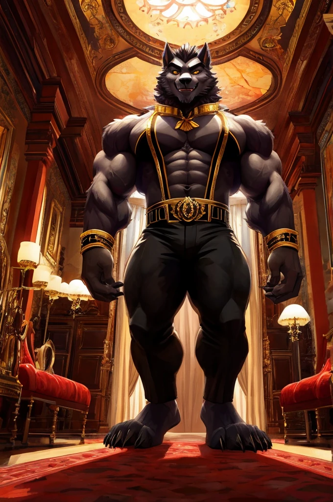 Giant Buff Werewolf Butler, Confident, Golden Eyes, Muscular, Handsome, Charming, View from Below, High Contrast, Standing over the Viewer, Macro, Inside Mansion, Gold Collar, Barefoot, Flirty