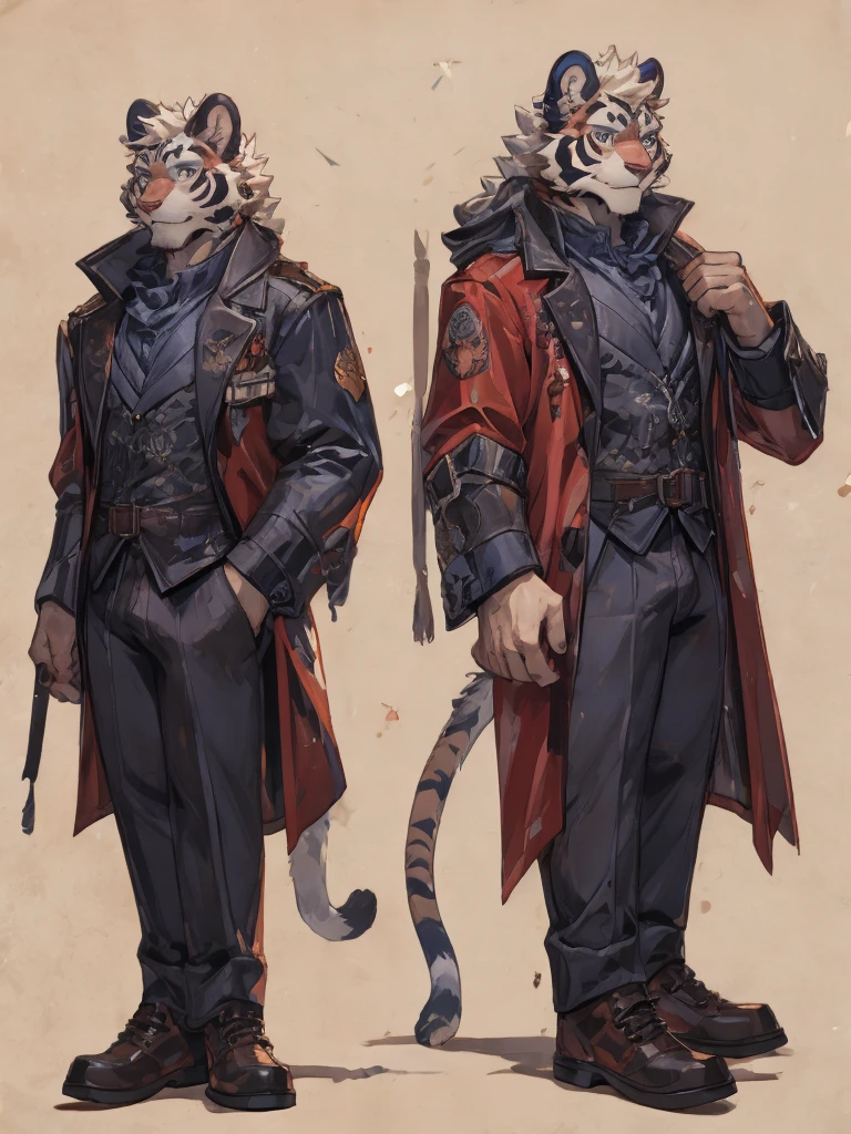 {{bara extremely handsome white tiger,}} {{white fur,}} white, wearing elegant ornate suit jacket, trousers, white dress shirt and necktie, white fluffy furry body and limbs, loafers, very tall, very broad shoulders, narrow waist, muscular arms, massive pecs, purple eyes, very long legs, massive bulge, sophisticated hot look, full body, 3/4 view, best quality, high quality, silver earring on left ear, sultry smirk, multiple views, character sheet