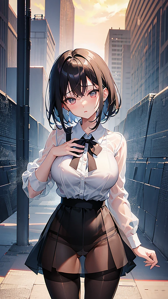 (anime style intricate hyper detailed anime illustration),
black short hair,high-school girl,big breasts,
[[(black pantyhose:1.2):0.01]:(see through white-panties under black pantyhose:1.3):0.5],standing,skirt lift,show crotch,