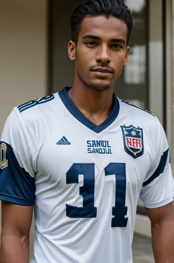 ((best quality)), ((masterpiece)), (detailed), perfect face, male football jersey with (sanaull) on its back side with 08 number