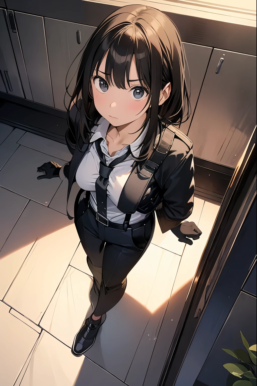 high quality, masterpiece, Ultra-high resolution, (realism: 1.4), Oil painting style, Cinema Lighting, An endless grassland dotted with a few houses, I stood on the empty asphalt road and looked at it., Fairy Mountain々was shrouded in mist, And the suspenders with the cranes flying　　　Moderate breasts　 　 　　　　Small face　 　　　holster　　　　　　　 Lying in bed　Looking up　　　　Sweat 　　　belt　summer　脇Sweat 　Black Hole Gloves　suit　shirt　　Black jacket　 Black trousers　Leg Links　ズボンにbelt　　holster　 　　Hands behind your back　 Anxious expression　Looking up　Anxious face