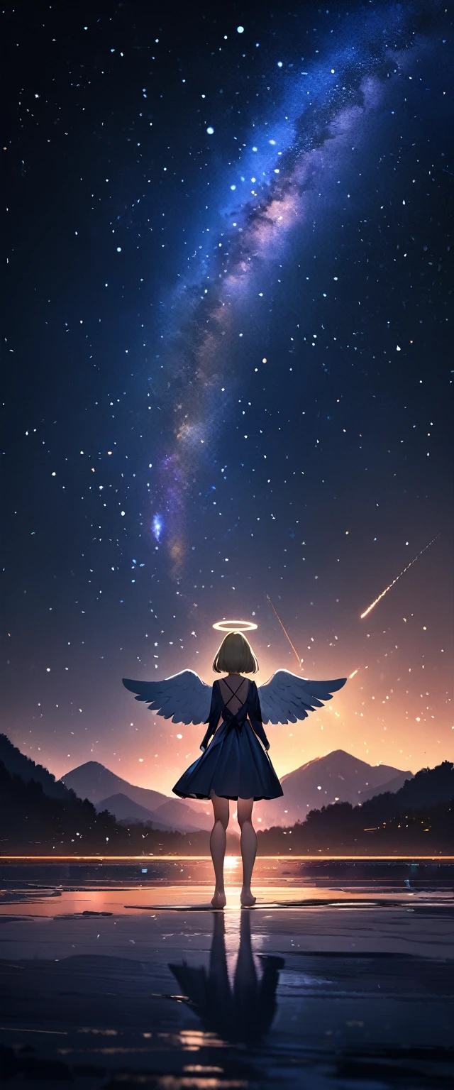 (((A meteor shower dancing in the night sky, countless stars ling in the clear air, a beautiful starry sky, the Milky Way shining beautifully in the night))), (((with big angel wings on back))), halo, backless dress, looking up, mountain, wide shot, back shot, a girl, bob cut, bare legs, bare foot, blond hair, (best quality, 4K, 8K, highres, masterpiece:1.2, ultra-detailed, HDR, uhd, studio lighting, ultra-fine painting, sharp focus, physically-based rendering, extreme detail description, professional, vivid colors, bokeh)