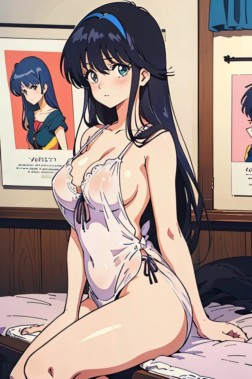 (masutepiece, Best Quality, High resolution:1.5, anime colours, megami magazine:1.2, anime poster style, anime keyvisual, sharp, 8k, photorealistic), (beautiful detailed eyes:1.5, beautiful detailed face:1.2), madoka ayukawa, 1girl, blush, (black hair, Long Hair), (sagging large breasts), (negligee), cowboy shot, sitting, (Perfect detailed Anatomy, beautiful detailed hair, beautiful detailed body:1.2, shiny skin), (thick outline, Beautiful outlines, black outlines), simple background