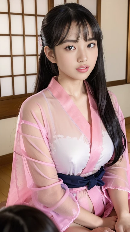 最high quality、high quality、best image quality、8K、最High resolution、High resolution、最high quality、masterpiece、realistic pictures、RAW photo、realistic atmosphere、(detailed face)、(fine hands、thumb1reference4)、(beauty of japan )、very nice face、cute face、((beautiful japanese girl))、(woman), ((18 year old beautiful girl))、(glossy black hair)、(straight long hair)、(ponytail)、whole body、slim style、(shiny skin)、(Fair skin, Glossy skin)、real human skin、realistic human body structure、perfect body, perfect face, perfect hands, perfect fingers, perfect lips, perfect eyes,perfect teeth、perfect background, perfect atmosphere, soft natural light、samurai kimono、maiko kimono、servant、geisha kimono、japanese kimono、Furisode、kimono、Yukata、japanese traditional、((There is a very large mirror in the room.))、((The girl in front of the mirror and the girl behind the mirror are identical twins..))、((The twin girls are facing each other with a mirror between them.))、((twin girls have the same appearance(The same face、same hairstyle、Same body type、Dress the same、Same pose))、((Twin girls are playing and imitating each other(pantomime))、((colorful transparent see-through(flowery kimono、Hakama with side slits))、Angle from a diagonal