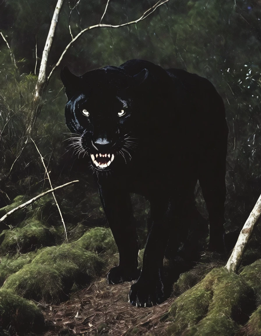 giant black panther in dark forest