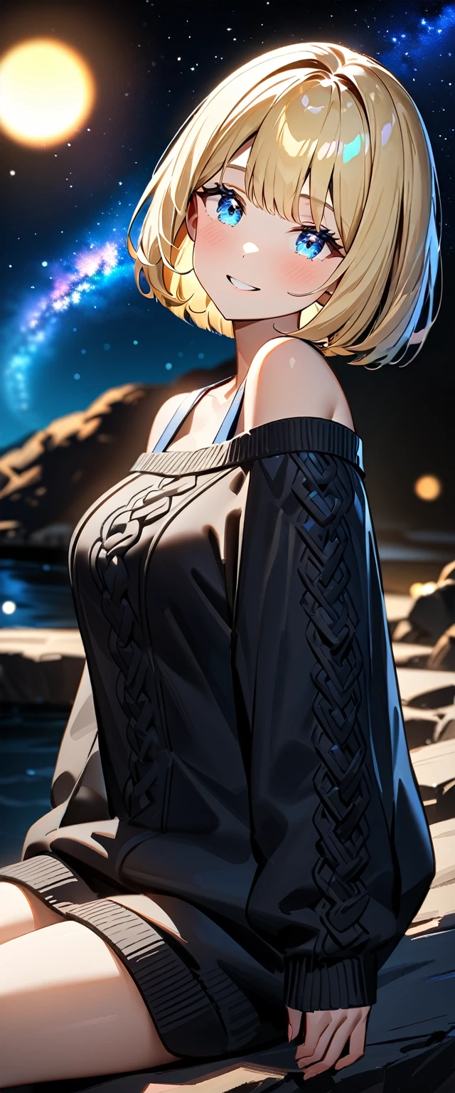 ((reaching)), (((focus on face))), ((extreme close up face)), (((a beautiful starry sky, the Milky Way shining beautifully in the night))), ((off-shoulder sweater:1.3, Quite thick shoulder straps)), ((black sweater)), ((Aran sweater)), ((((from side)))), ((sitting on the very high cliff)), wavy hair, inward curled hair, sea, ((blond hair, bob cut:1.3)), breasts, teenager, (looking at viewer), oversized clothes, puffy long sleeves, collarbone, head tilt:1.3, (((blue eyes))), happy smile, (((anime style))), (best quality, 4K, 8K, highres, masterpiece:1.2, ultra-detailed, ultra-detailed eyes, HDR, uhd, studio lighting, ultra-fine painting, sharp focus, physically-based rendering, extreme detail description, professional, vivid colors, bokeh)