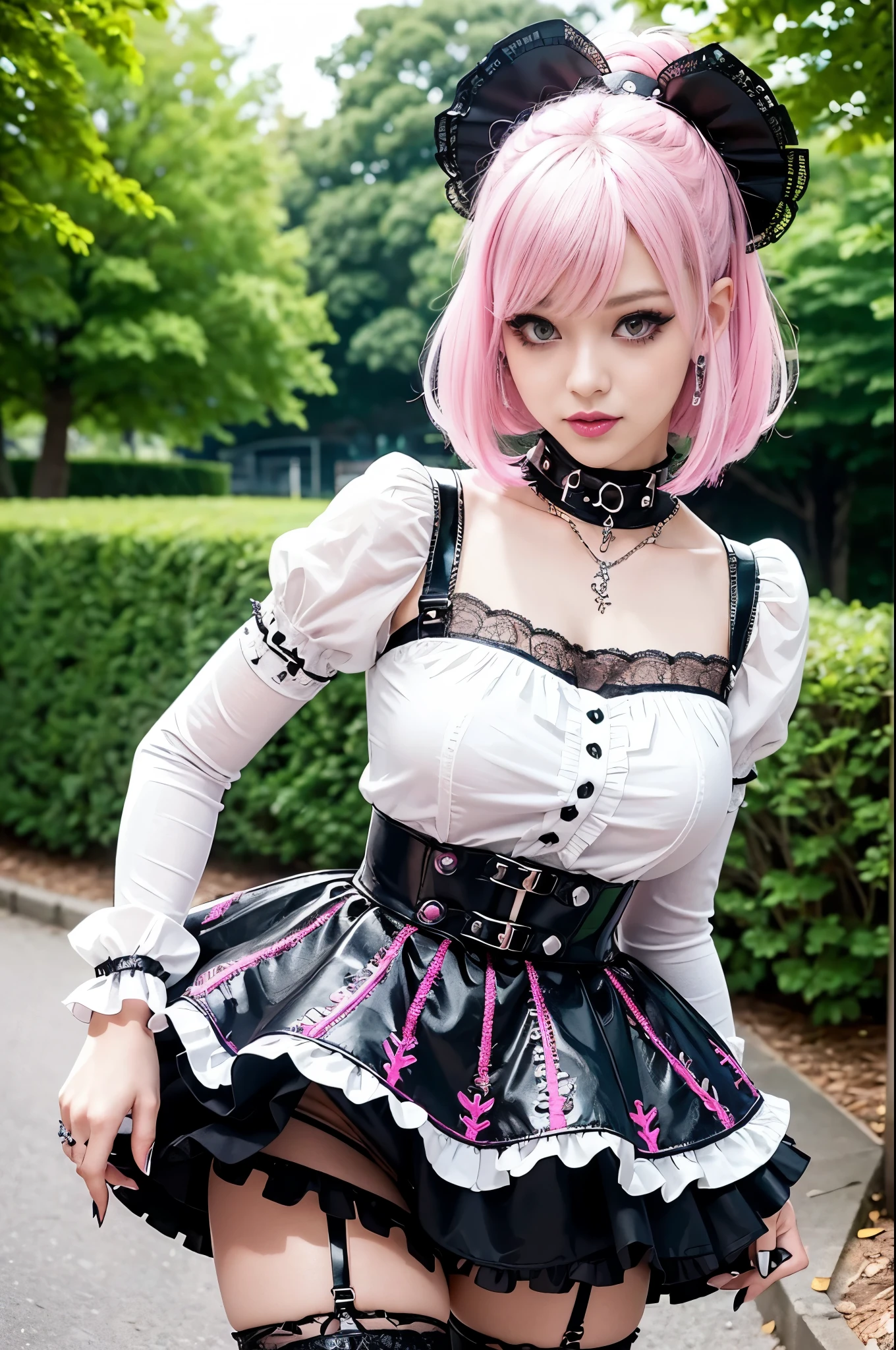 sexy stylish Swedish model, only 1 female, ((doll-like appearance)), short neon pink stylish hair, ((shiny Punk-Style boots)), (beautiful smile), ultra detailed eyes, long lashes, metallic eye-makeup, lip-gloss, ((sexy Punk ta cosplay)), unconventional skirt, petticoats, high neckline, ((ultra detailed lace)), ((ultra detailed embroidery)), intricate details, tartan patterns, Punk Loliccessoires, Punk Lolita cr, ((large sparkling Punk Lolita jewel, cinematic light, detailed sunny large park background with trees