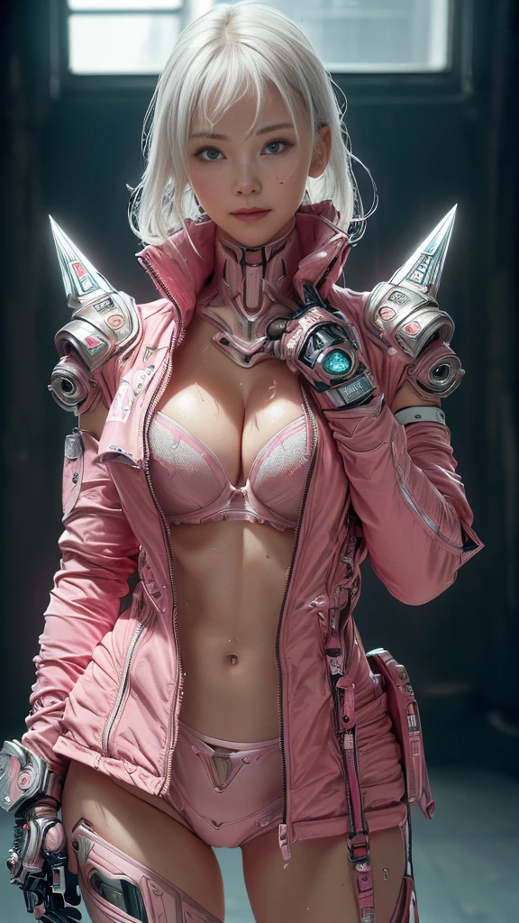 (nsfw:1.1)、Very beautiful woman、Slender women、(Detailed face)、Realistic Skin、((Delicate photo)),(Girl Masterpiece RAW Photo Details:1.25), (Highest quality:1.6), (Ultra-high resolution:1.5), (Realistic:1.75), 8K resolution, Canon EOS R5, 50mm, Absurd, Ultra-detailed,Cinema Lighting、One girl, White hair,((hime_cut))、Smile、 Window Shades,((Ultra tight pink jacket coat)), Chest Rig, cyber punk, ((Techwear)),I can see your abs、Bra Top、((Big Breasts))、((The abdomen is visible))、(((Ultra-delicate and futuristic design)))、Biting into the crotch、((logo))、((Text on clothing))、((Micro Size Underwear))、((With futuristic weapons))、(((Gauntlet)))、(((asymmetrical bangessy hair))