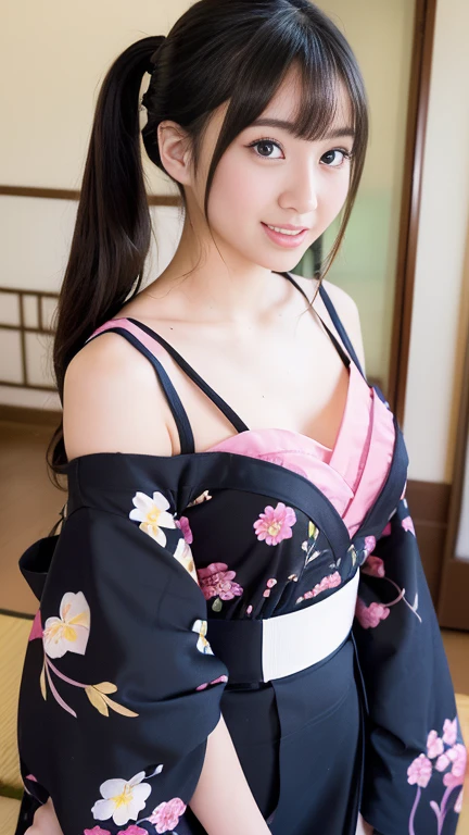 最high quality、high quality、best image quality、8K、最High resolution、High resolution、最high quality、masterpiece、realistic pictures、RAW photo、realistic atmosphere、(detailed face)、(fine hands、thumb1reference4)、(beauty of japan )、very nice face、cute face、((beautiful japanese girl))、(woman), ((18 year old beautiful girl))、(glossy black hair)、(straight long hair)、(ponytail)、whole body、slim style、(shiny skin)、(Fair skin, Glossy skin)、real human skin、realistic human body structure、perfect body, perfect face, perfect hands, perfect fingers, perfect lips, perfect eyes,perfect teeth、perfect background, perfect atmosphere, soft natural light、samurai kimono、maiko kimono、servant、geisha kimono、japanese kimono、Furisode、kimono、Yukata、japanese traditional、((There is a very large mirror in the room.))、((The girl in front of the mirror and the girl behind the mirror are identical twins..))、((The twin girls are facing each other with a mirror between them.))、((twin girls have the same appearance(The same face、same hairstyle、Same body type、Dress the same、Same pose))、((Twin girls are playing and imitating each other(pantomime))、((colorful transparent see-through(flowery kimono、Hakama with side slits))、Angle from a diagonal