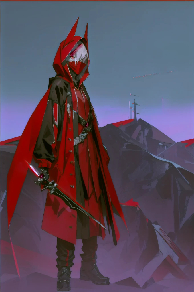 cartoon of a Man in a red and black outfit with a blade, red demon cloak, villain wearing a assassin suit, red hooded assassin, crimson attire, face hidden by hoodie cloak, assassin