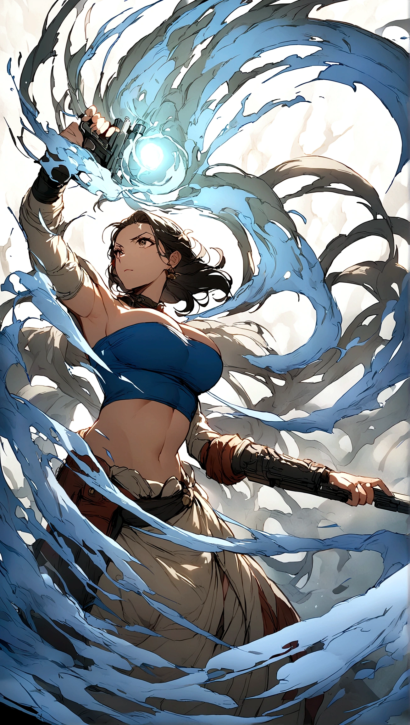Female character holding a gun in one hand,Sword in one hand,Large Breasts,Large Breasts,Tube Top