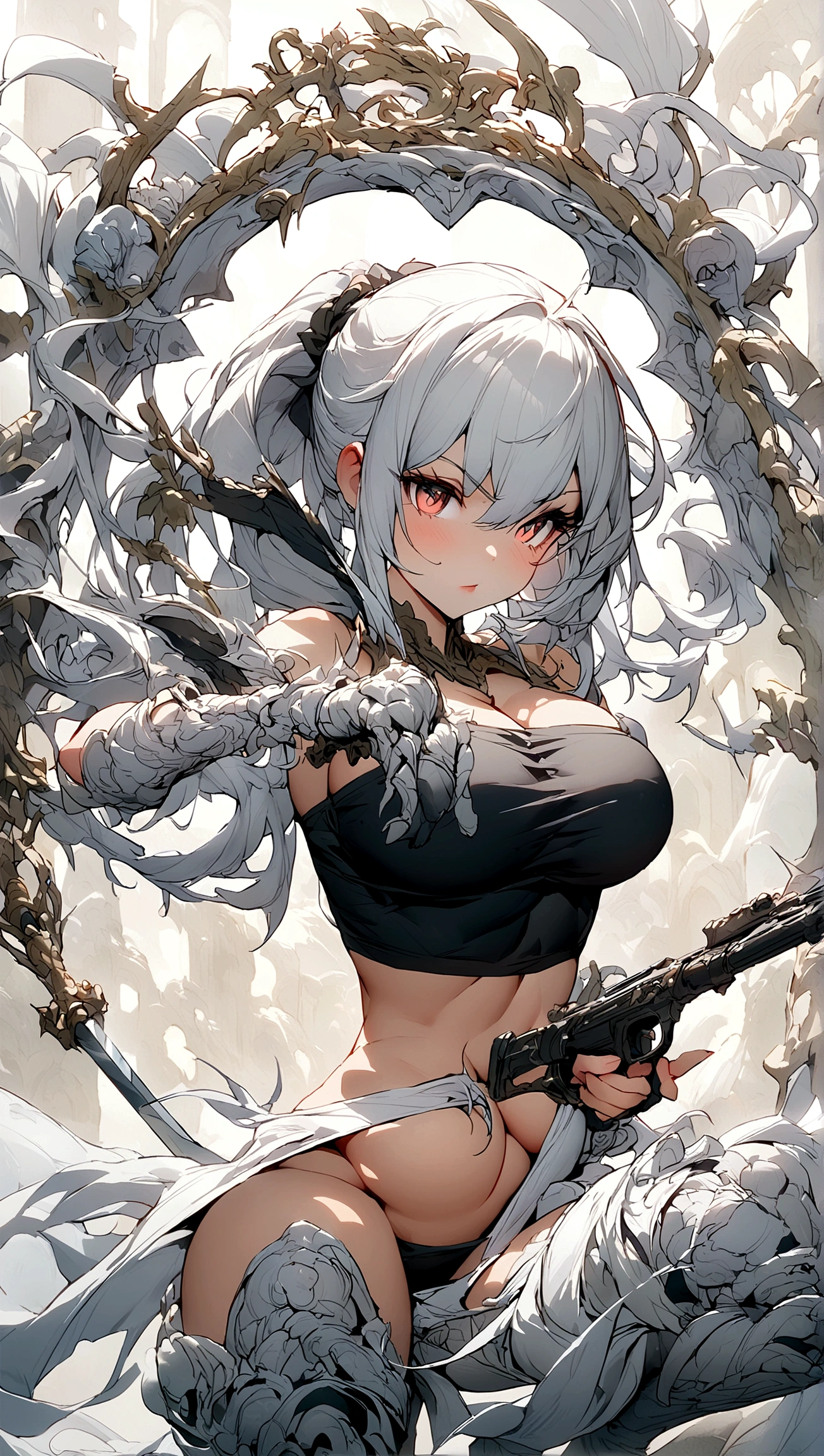 Female character holding a gun in one hand,Sword in one hand,Large Breasts,Large Breasts,Tube Top