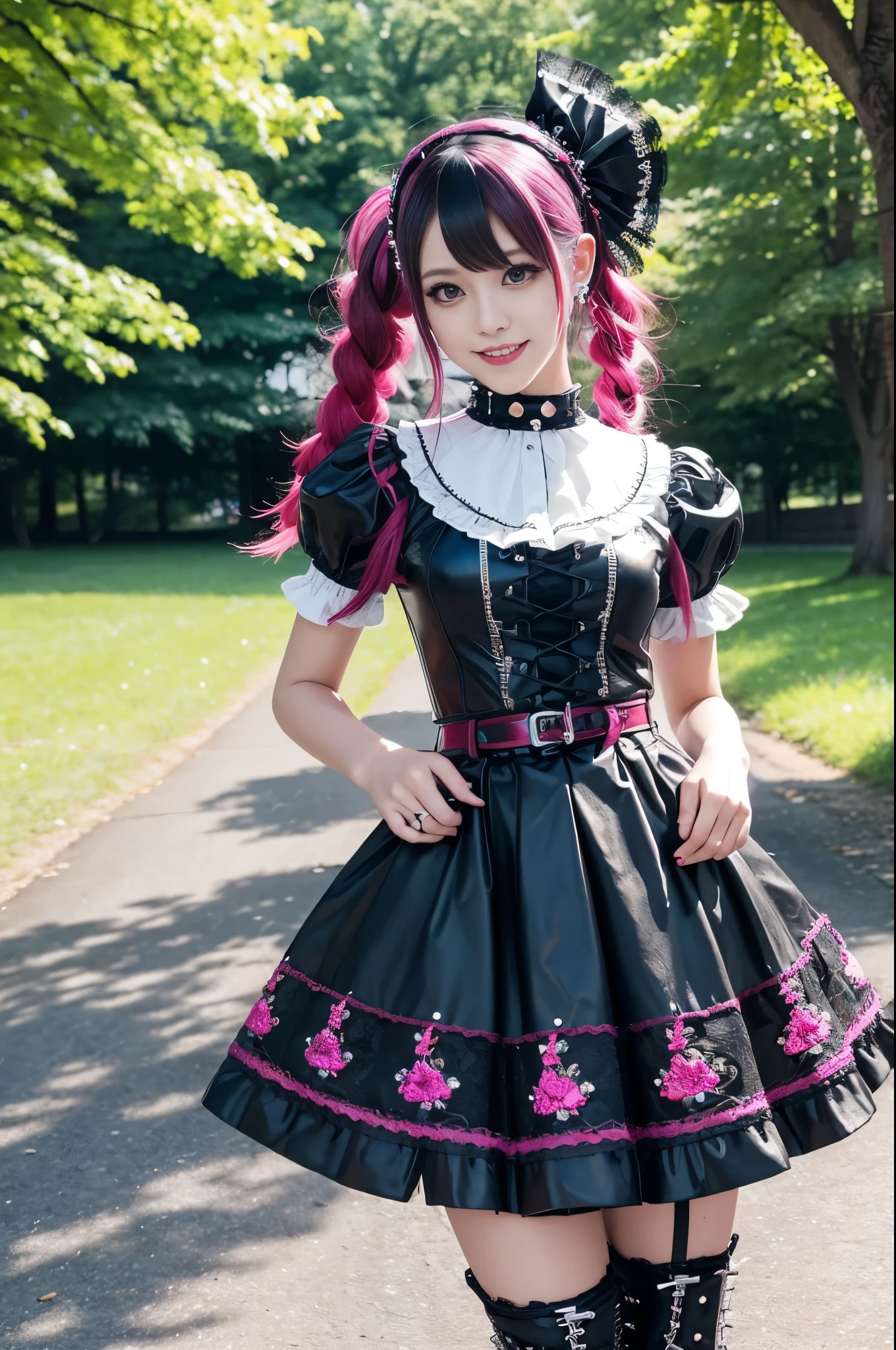 sexy stylish female model, only 1 female, ((doll-like appearance)), long dramatic stylish hair, ((shiny Punk-Style boots)), (smiling face), ultra detailed eyes, long lashes, eyeliner, ultra detailed eye-shadow, lip-gloss, ((sexy Punk Lolita cosplay)), unconventional skirt, petticoats, high neckline, ((ultra detailed lace)), ((ultra detailed embroidery)), intricate details, tartan patterns, Punk Lolita accessoires, Punk Lolita choker, ((large sparkling Punk Lolita jewelry)), cinematic light, detailed large park background with trees