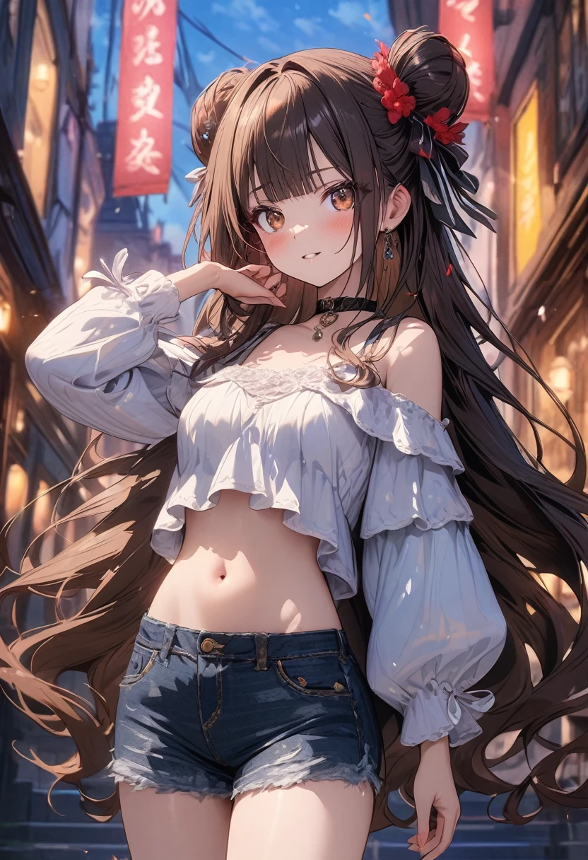 (masterpiece), best quality, very aesthetic, newest, absurdres, detailed, high quality
BREAK
highest quality, top quality, details, highres, ultra fine painting, digital art, official art, cinematic, 4k, 8k resolution, 8K CG wallpaper, CG, original artwork, detailed background, colorful background, blue atmosphere, High Dynamic Range, blurry background, blue hour, Starburst effects, crepuscular rays, good ISO, high resolution, wide shot, from far away, RAW photo, POV, sharp focus, light reflection, reflections, intricate details, soft light, particle noise, professional photography, bokeh, depth of field, natural lighting, vibrant colors, looking away, detailed lights and shadows, stylish, ultra-detailed, top rated on Pixiv, trending on Artstation, niji style, modern-days, master crafted, pose
BREAK
solo, close up, 1girl, pale skin, correct fingers, detailed hand, (E cup breasts:1.2), big thighs, small torso, short body, flushtered, blush, anxious expression, embarassed, embarassed act, casual, slim, ((cute, childlike face):1.3), nice hips, nice body, brown hair, (very long flowing hair), (big 2 buns hairstyle)), long bangs, long hair, middle hair bangs, brown eyes
BREAK
(loose-fitting crop shirt, long sleeve, denim shorts, choker, casual wear style, modest, tummy skin, modern fashion)
BREAK
Empty streets background, anime background, quiet street, street lamps, sky