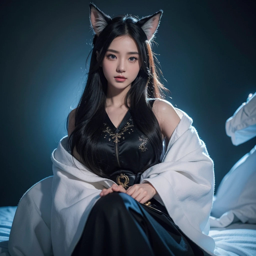 a beautiful asian cosplay girl with white long hair and fox ears, wearing a blue trench Snow coat and a black shirt, black skirt, and black boots,bedroom background,naughty smile and showing her blue eyes with fox-like pupils, (best quality,4k,8k,highres,masterpiece:1.2),ultra-detailed,(realistic,photorealistic,photo-realistic:1.37),intricate details,highly detailed,extremely detailed,hyper detailed,extremely detailed face and eyes,insanely detailed,incredibly detailed,stunning detailed facial features,extremely high quality,extremely sharp focus,extremely vivid colors,extremely vibrant colors,cinematic lighting,dramatic lighting,natural lighting,beautiful lighting,beautiful coloring,beautifully shaded,digital painting,cinematic style,fantasy art,magical realism,surreal,dreamlike,ethereal