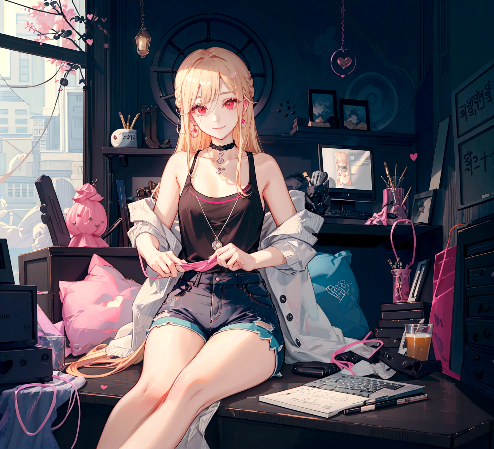 ((최고의 품질)), ((걸작)), (상세한), 여자 1명, Create an anime-style digital artwork of a character with long, straight, sleek blonde hair and bright red eyes. The character is wearing a white cardigan over a black tank top and dolphin shorts. She is accessorized with a pink heart pendant choker and long, decorative earrings. Her hair features a red heart hairpin on the side. The character is sitting in her room in front of a desktop computer, smiling warmly. The background should show a cozy room with soft lighting, with elements like a computer desk, monitor, and some personal items scattered around. The overall mood should be relaxed and inviting, capturing the essence of a casual day indoors.shiny forehead,slicked-back hair, forehead