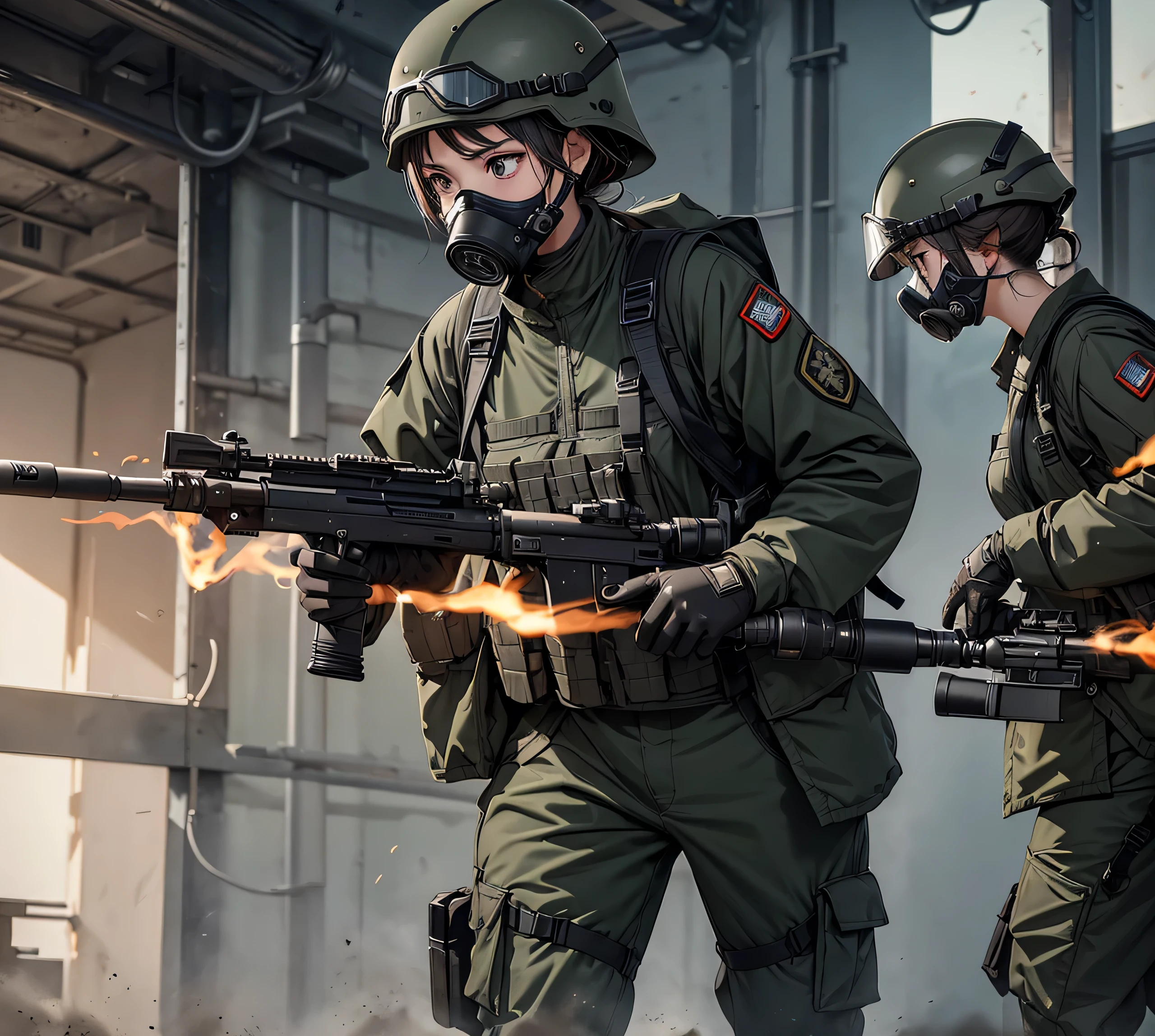A group of female soldiers wearing gas masks、Wear a steel helmet、Wear goggles、Dark gray military uniform、Military Pants、The same posture、Shooting battle、Write details、masterpiece、best quality、Highly detailed CG、8K picture quality