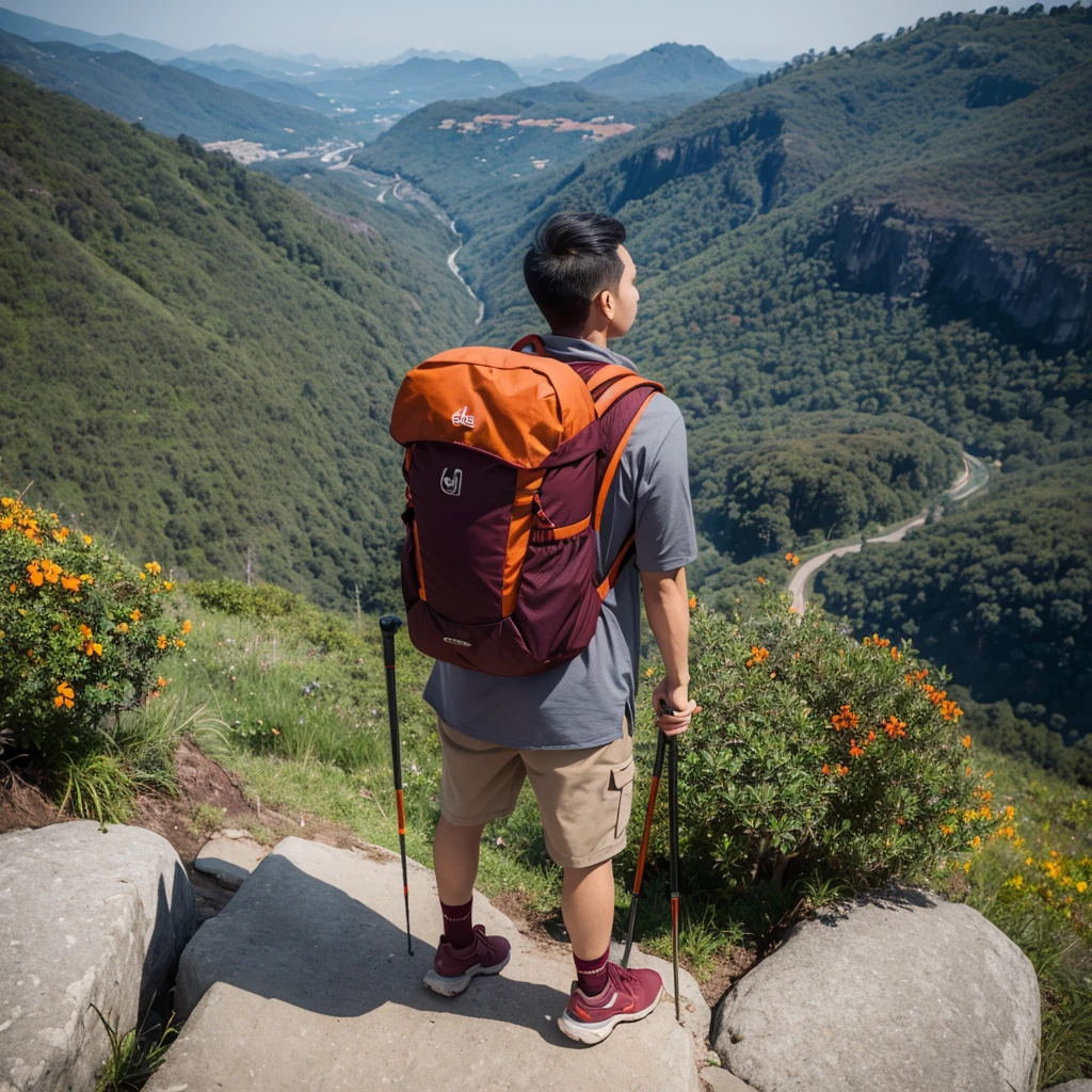 (POV) Javanese man with an oval face, rather thin, wearing a checkered flannel shirt with a combination of colors ((maroon and dark blue)), standing on the edge of a steep cliff, carrying a carrier backpack ((deuter 80kg)) colored ((red maroon)), wearing ((beige)) colored cargo shorts, carrying ((orange)) colored trekking poles, with a backdrop of dense forest, fog, small rocky river, top view, 4d, 32k UHD, realistic photography, ultra detailed, reflective surfaces.