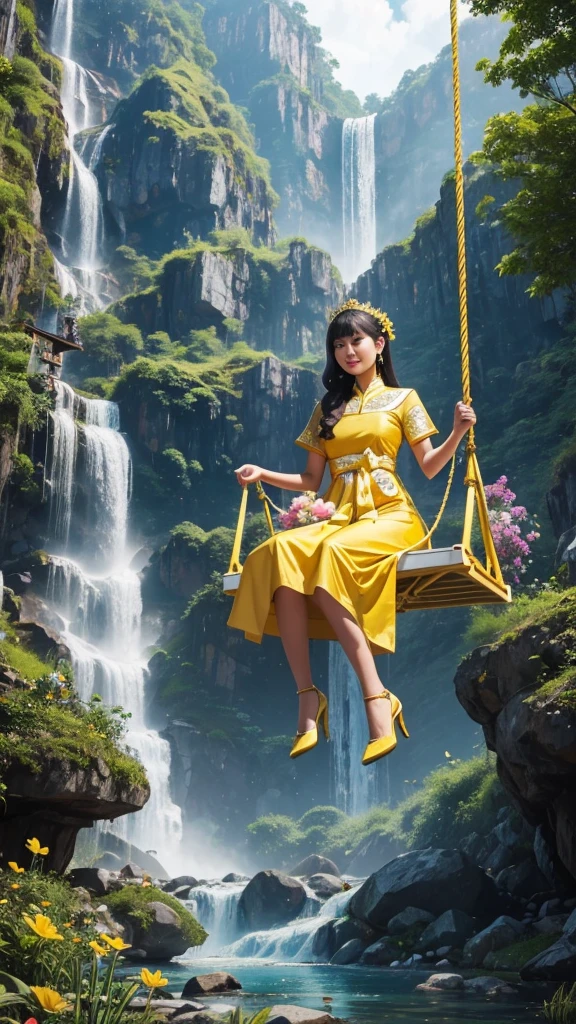 A young woman wearing a yellow and gold-white traditional Thai dress wearing white high heels sits on a giant swing decorated with colorful flowers, a waterfall, a high mountain, a modern house.