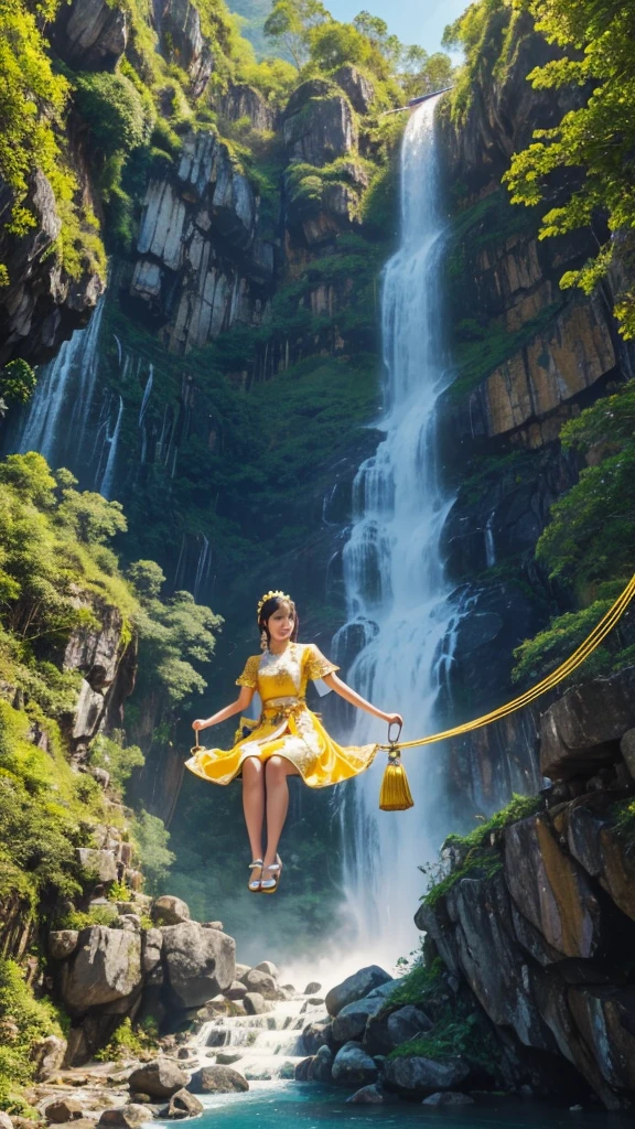 A young woman wearing a yellow and gold-white traditional Thai dress wearing white high heels sits on a giant swing decorated with colorful flowers, a waterfall, a high mountain, a modern house.