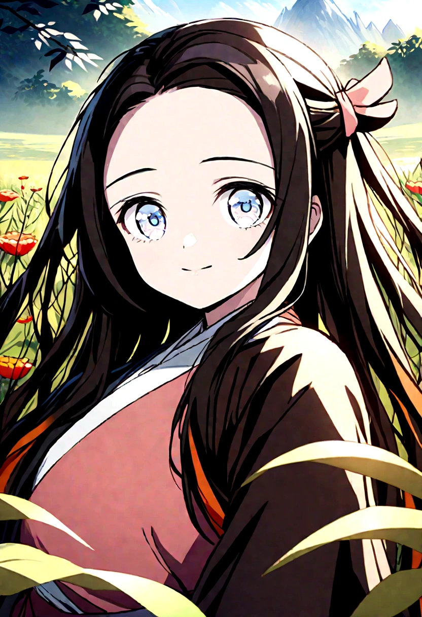 A close-up portrait of Nezuko lying in a meadow filled with wildflowers, looking into the camera. The vibrant colors of the flowers and the soft green background create a harmonious and peaceful scene. Detailed textures, vivid colors, serene atmosphere, hd quality