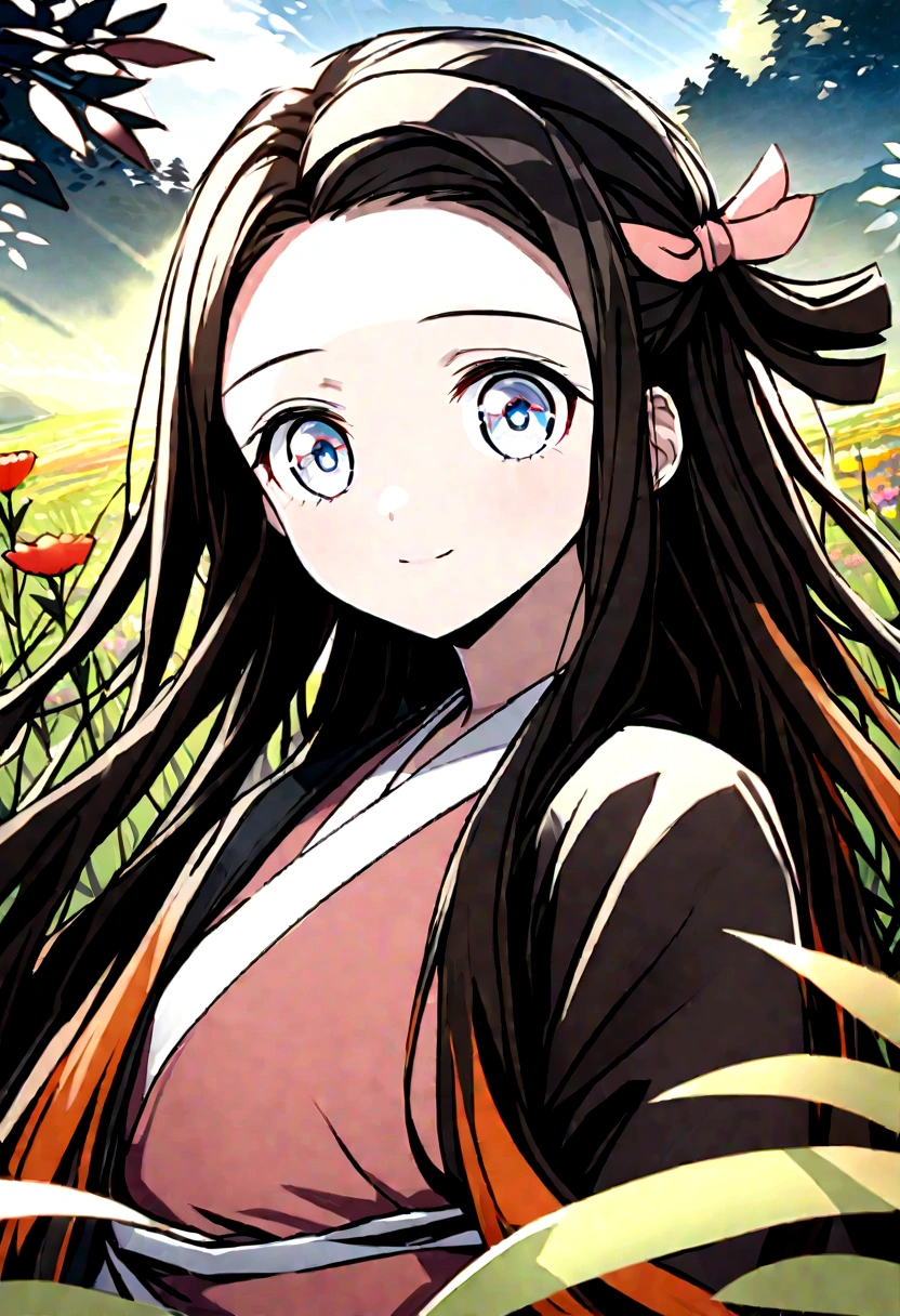 A close-up portrait of Nezuko lying in a meadow filled with wildflowers, looking into the camera. The vibrant colors of the flowers and the soft green background create a harmonious and peaceful scene. Detailed textures, vivid colors, serene atmosphere, hd quality