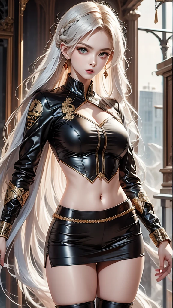 A high resolution rendering of a fierce woman, standing solo with her hips slightly tilted, her detailed face exuding confidence and strength. Her long white hair is adorned with delicate braids, and she is dressed in a striking army suit with a short skirt and adorned with unique tattoos and jewelry.