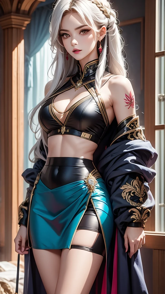 A high resolution rendering of a fierce woman, standing solo with her hips slightly tilted, her detailed face exuding confidence and strength. Her long white hair is adorned with delicate braids, and she is dressed in a striking army suit with a short skirt and adorned with unique tattoos and jewelry.