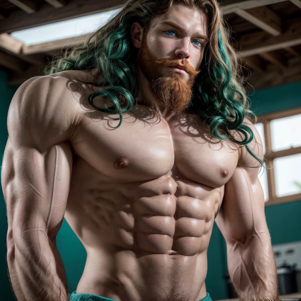 Beautiful muscle god green eyes blue skin muscle god curly hair red beard