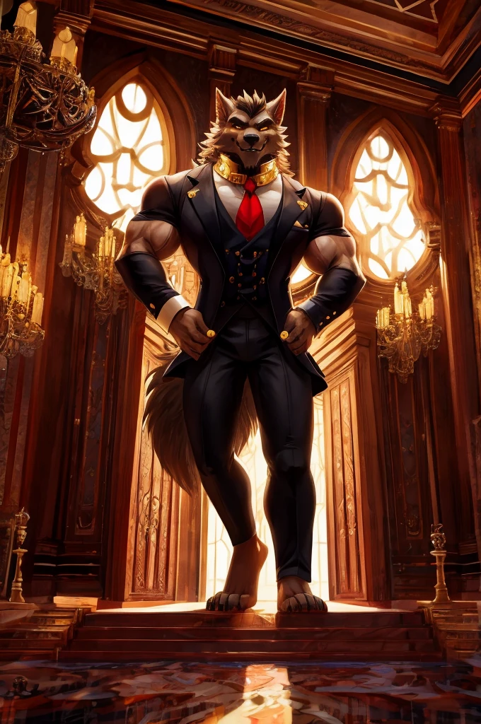 Giant Buff Werewolf Butler, Confident, Golden Eyes, Muscular, Handsome, Charming, View from Below, High Contrast, Standing over the Viewer, Macro, Inside Mansion, Gold Collar, Barefoot, Flirty
