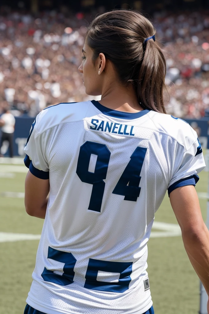 ((best quality)), ((masterpiece)), (detailed), perfect face, white male football jersey with (sanaull) on its rear side with 08 number