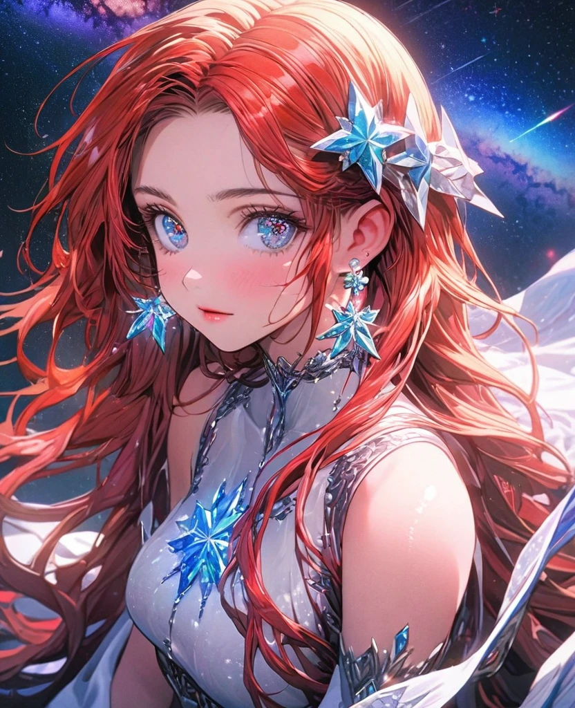 8K,gal,an extremely delicate and beautiful,Beautiful and realistic skin,Shiny jewel-like earrings,Long colorful hair,beautiful eyes,whole body,head to toe,beautiful regs,orihime,milky way,tinkle stars