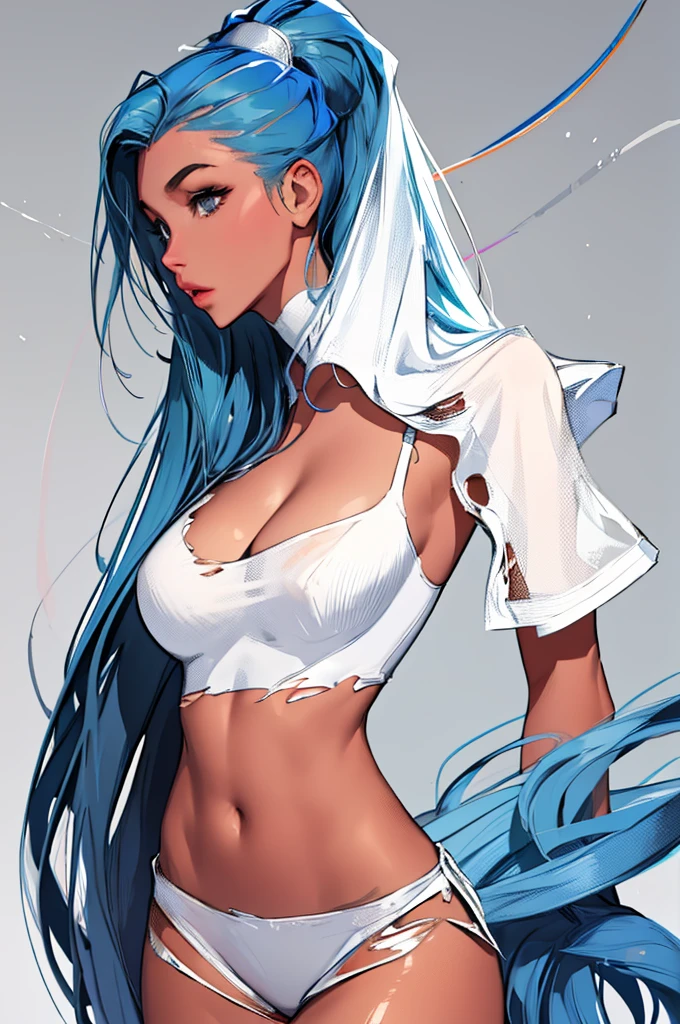 (best quality: 1.2), clean face, (masterpiece: 1.2, 8k) perfect anatomy, 1girl,a beautiful fashion model ,(masterpiece, official art, best quality)  ,long and shiny hair, blue hair with streaks in hair, long hair, full lips, slender body, slim body big breasts, looking at viewer, revealing outfit, absurdity, intricate details, dynamic pose, club, ,  wearing
 short shorts and a tight white top, cleavage, torn clothes, thong straps