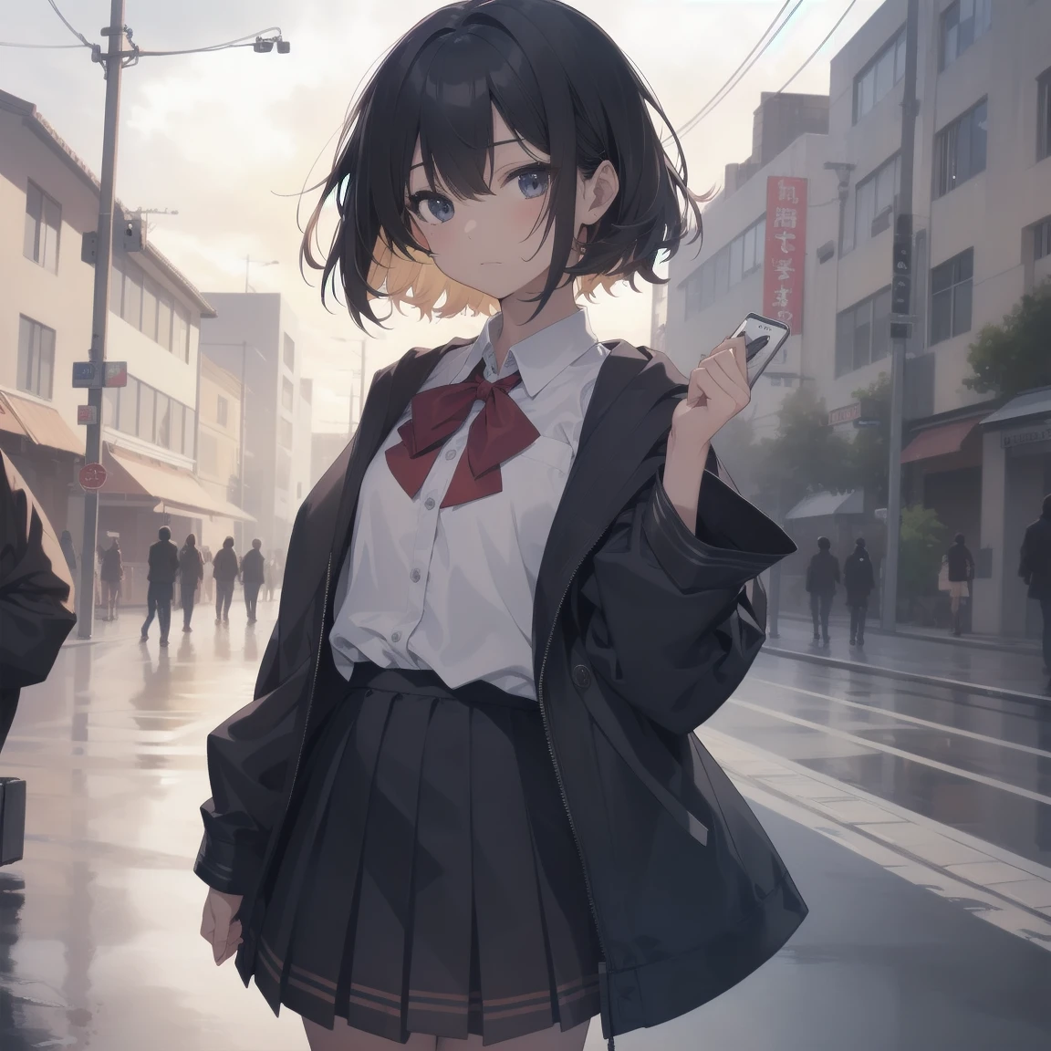 ultra-absurdres-Top quality by artist God, ultra-detailed, high resolution, anime moe artstyle, best anime 8k konachan wallpaper, pixiv contest winner, pool:2810, perfect anatomy,break, 1girl, (Please draw a girl walking sleepily to school alone. )break,(Solo,little female, 13-year-old:1.3),Full limbs, complete fingers,a junior high school student, (very short hair), short cut, flat chest, , small butt, small black eyes, beautiful detailed eyes, well-proportioned iris and pupils, expressive eyes, highres detailed hair, soft expression, salor school_uniform, sailor collar, serahuku, bow, pleated skirt,(Detailed Lighting), (Detailed background), in the School commute route. break,super detailed skin, Best cinematic lighting powered by famous artist, 8k,beauty illustration,photoshop_(medium),very aesthetic,break,((artist:yuuji_(and) )), artist:clamp ,artist:carnelian ,artist:kantoku ,