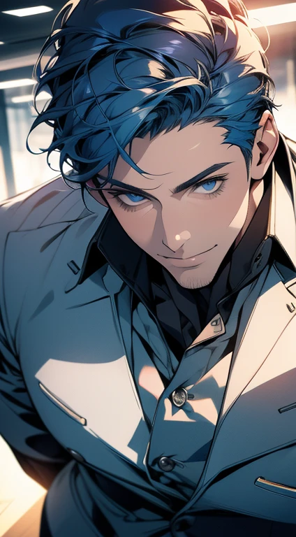 (best quality,4k,8k,highres,masterpiece:1.2),ultra-detailed,(realistic,photorealistic,photo-realistic:1.37),1 man,31 years old,mature man,very handsome,without expression,smile,short blue hair,blue eyes,penetrating gaze,perfect face without errors,imposing posture,businessman,office background,cinematic lighting,hdr image