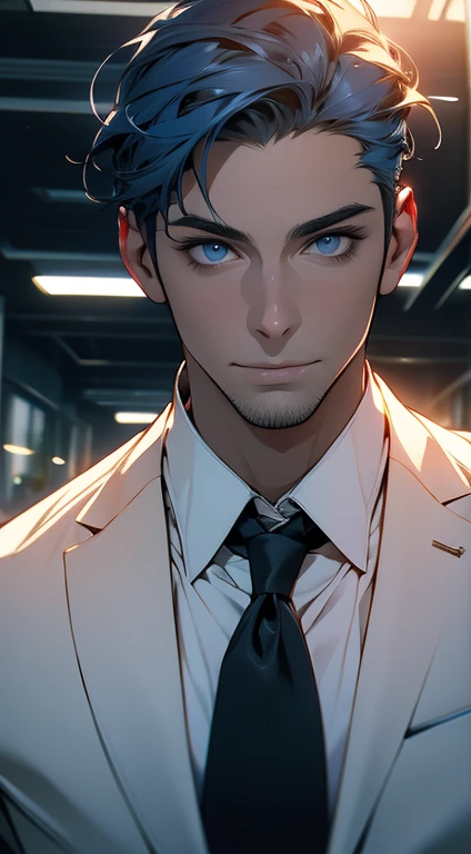 (best quality,4k,8k,highres,masterpiece:1.2),ultra-detailed,(realistic,photorealistic,photo-realistic:1.37),1 man,31 years old,mature man,very handsome,without expression,smile,short blue hair,blue eyes,penetrating gaze,perfect face without errors,imposing posture,businessman,office background,cinematic lighting,hdr image